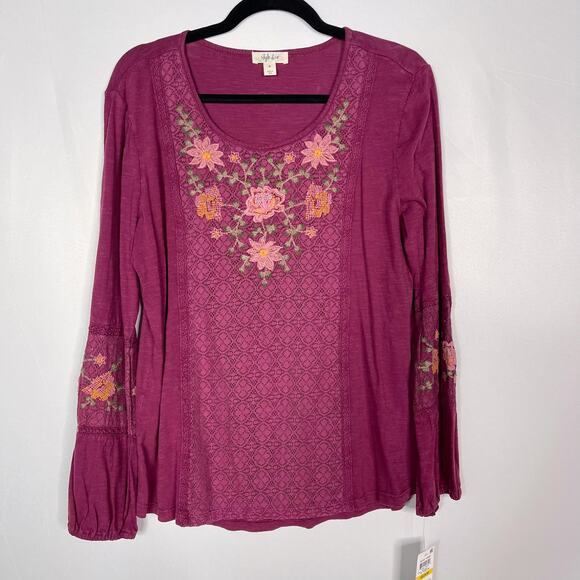 New Style & Co M Merlot Boho Remix Floral Lace Panel Inset Long Sleeve Blouse - Picture 1 of 10
